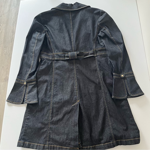 Bisou Bisou Dark Blue Denim Trench Coat Jean Jacket Contrast Stitch Button Small - Picture 9 of 13